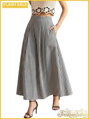High Waist Pleated Maxi Skirt with Pockets Flowy A-Line Gingham Plaid